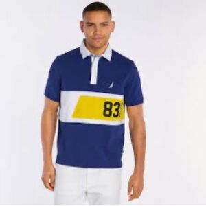 Nautica Men’s Multicolor Polo Rugby Shirt - Sz L 100% Cotton blue white yellow